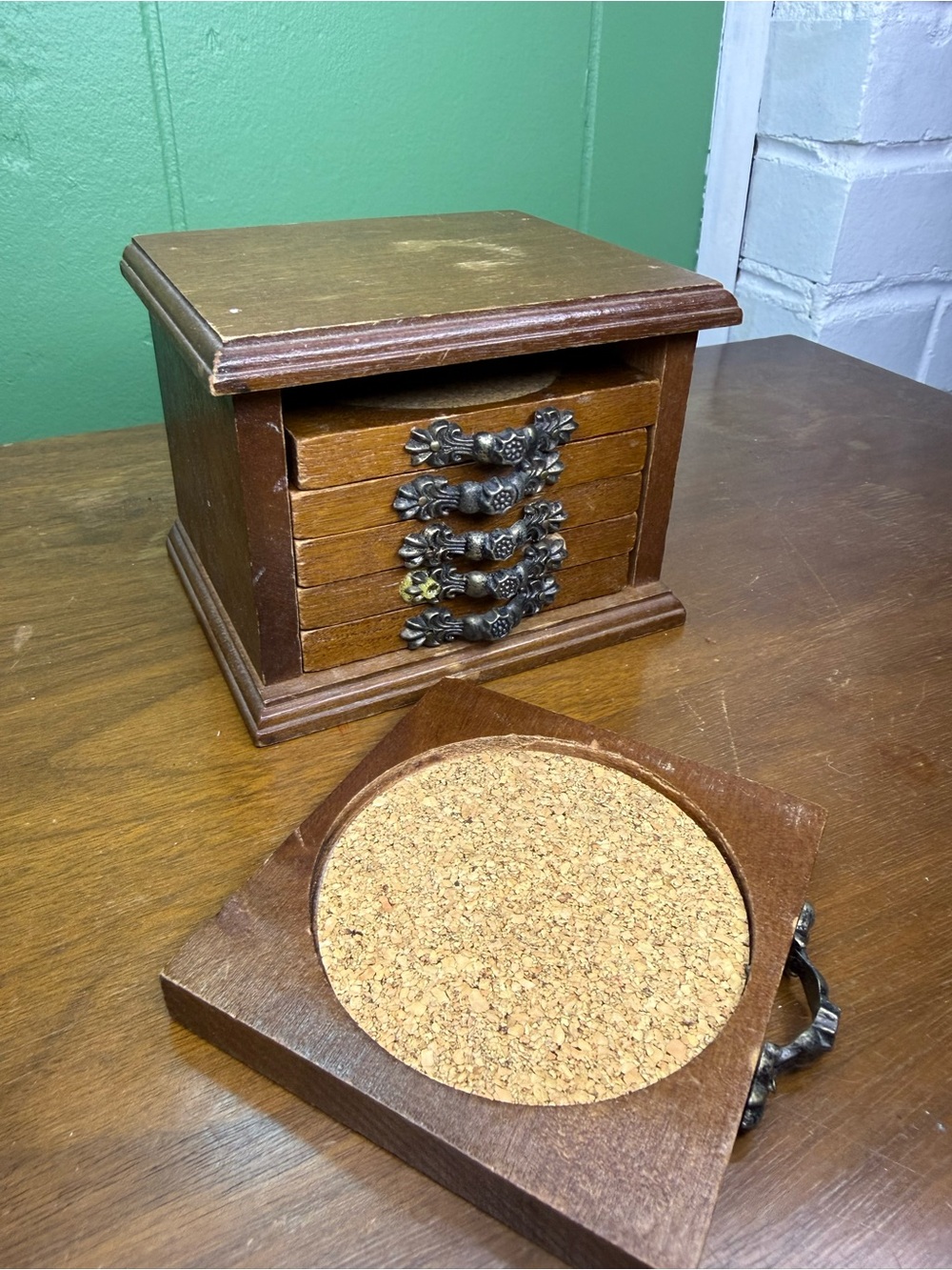 vintage wooden coaster caddy set,